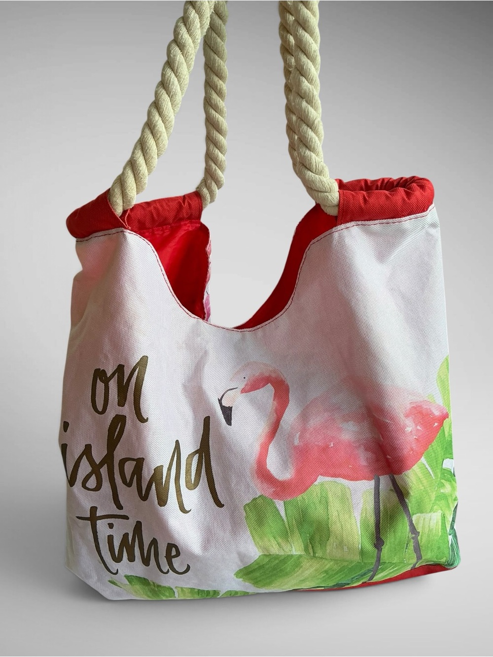 Mix It Flamingo Beach Tote Bag Pink Tropical Island Time Rope Handles